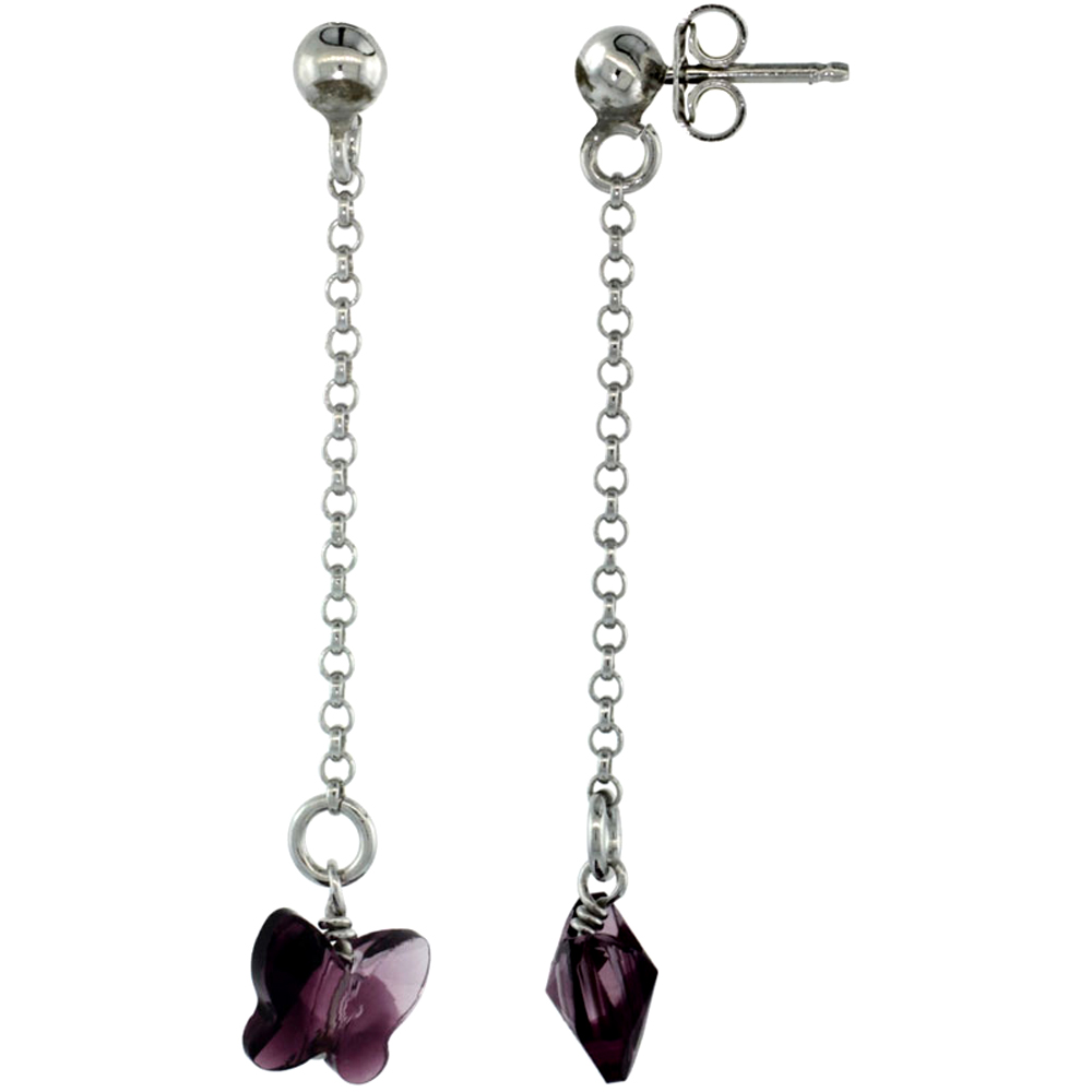 Sterling Silver Butterfly Amethyst Swarovski Crystal Drop Earrings, 1 13/16 in. (46 mm) tall