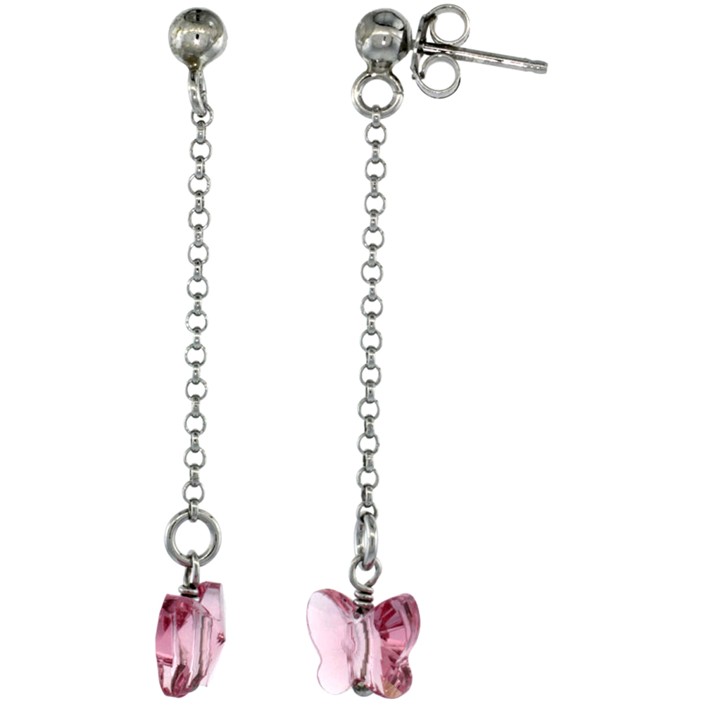 Sterling Silver Butterfly Pink Sapphire Swarovski Crystal Drop Earrings, 1 13/16 in. (46 mm) tall