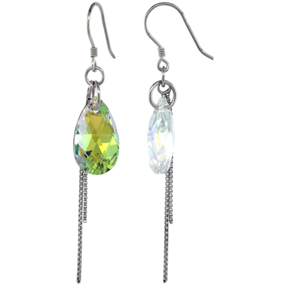 Sterling Silver Dangle Earrings w/ Yellow Swarovski Crystal Teardrop 2 5/16 in. (59 mm) tall, Rhodium Finish