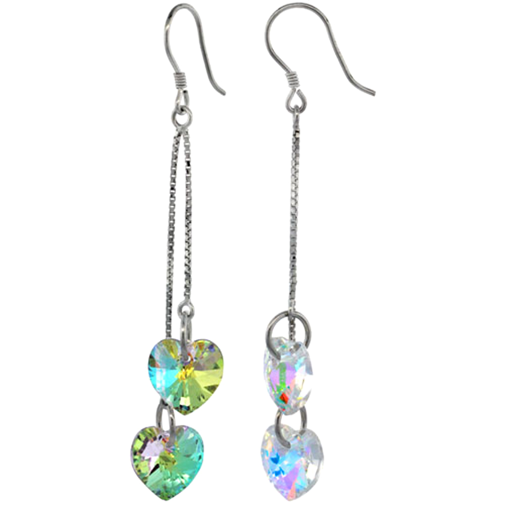 Sterling Silver Dangle Earrings w/ Yellow Swarovski Crystal Double Heart 2 1/2 in. (64 mm) tall, Rhodium Finish