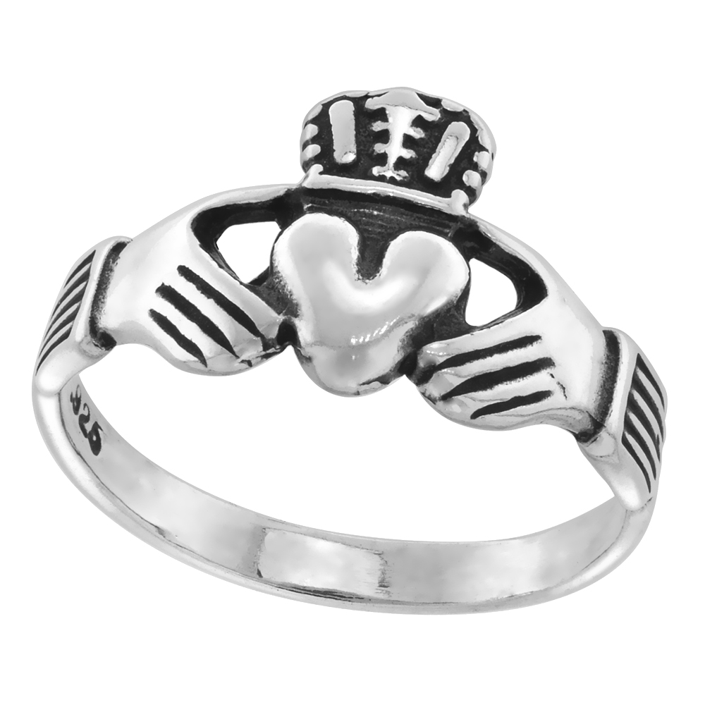 7/16 inch Small Sterling Silver Celtic Claddagh Ring for Women Available Polished & Oxidized Finish 11mm high sizes 4 - 9