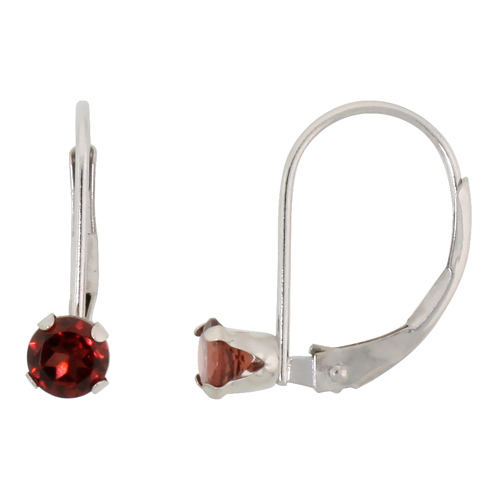 10k White Gold Natural Garnet Leverback Earrings 1/2 ct Brilliant Cut January Birthstone, 9/16 inch long