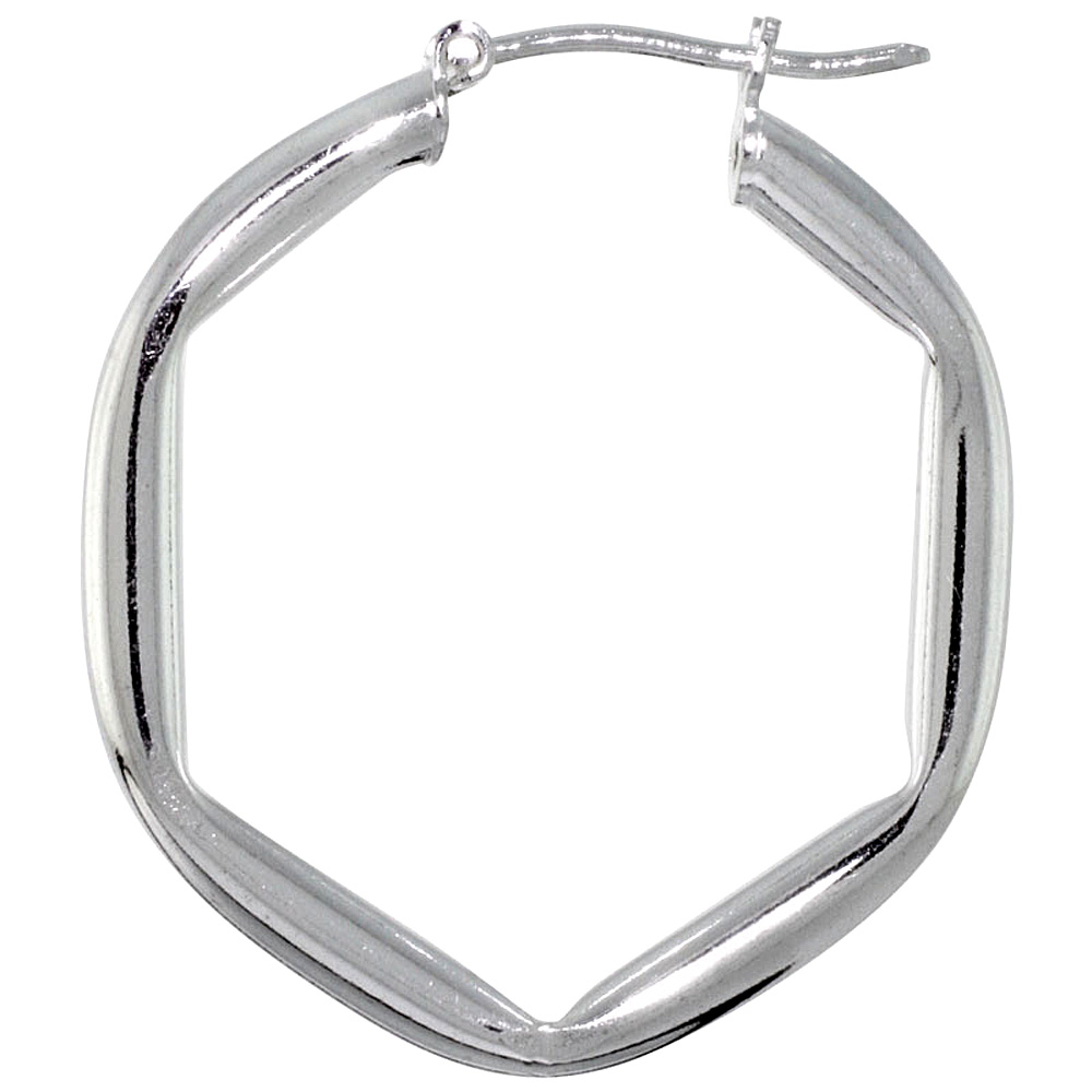 Sterling Silver Click top 1 1/4 inch Hexagon Hoop Earrings for Women 3mm Tubing 30mm tall