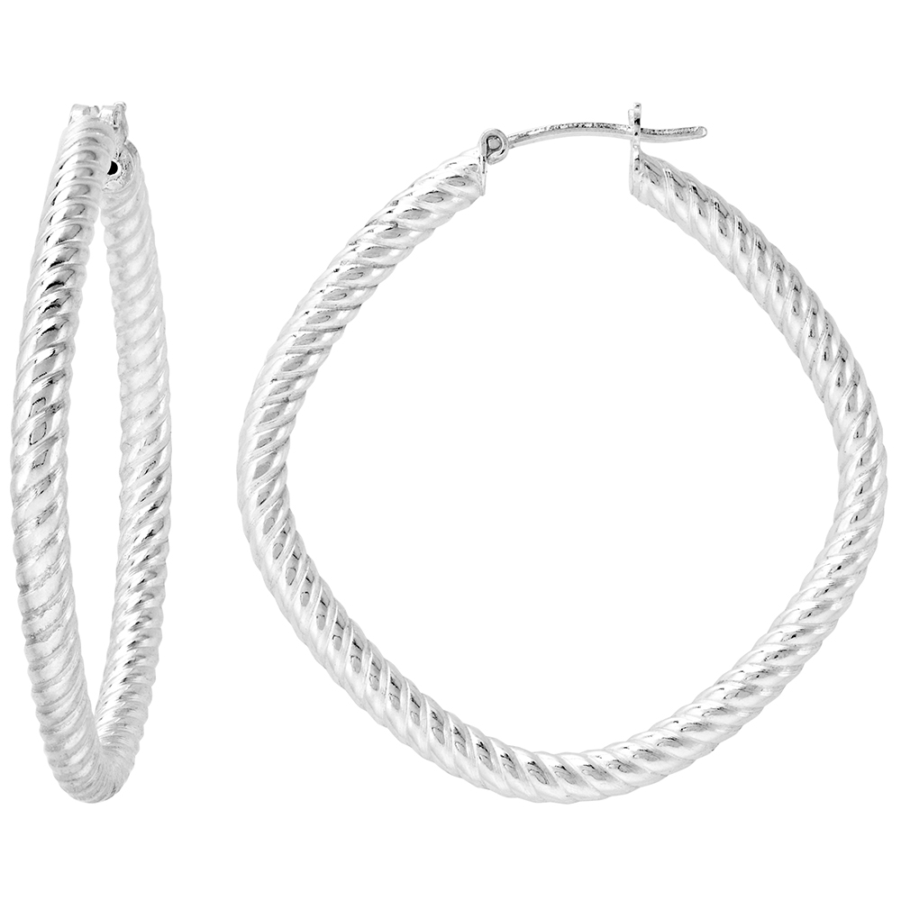 Sterling Silver Click top 1 3/4 inch Diamond Hoop Earrings for Women 3mm Rope Tubing 45mm tall