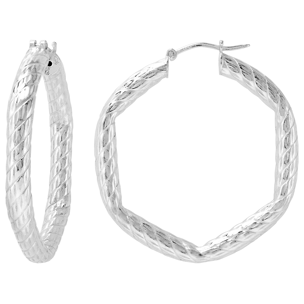 Sterling Silver Click top 1 1/2 inch Hexagon Hoop Earrings for Women 4mm Rope Tubing 38mm tall