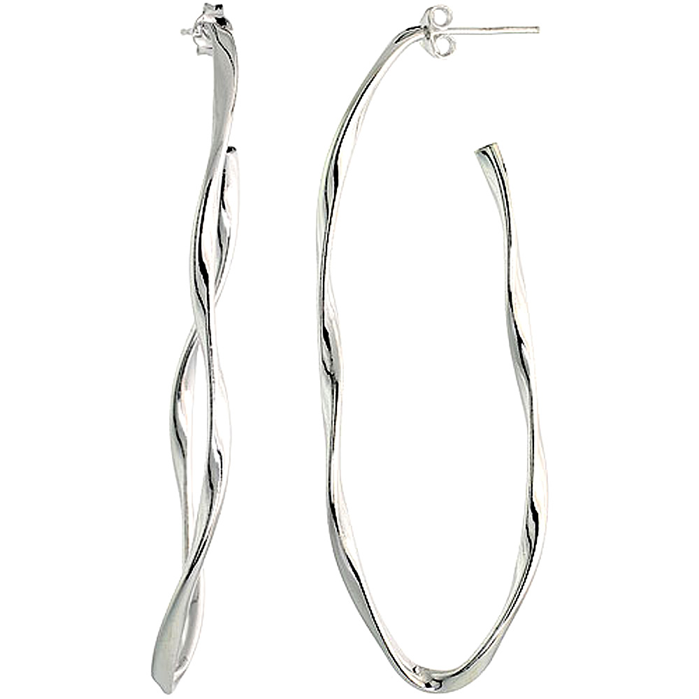 Sterling Silver 3 inch Long Oval Post Hoop Earrings for Women 3mm Twisted Oval Tubing 73mm tall