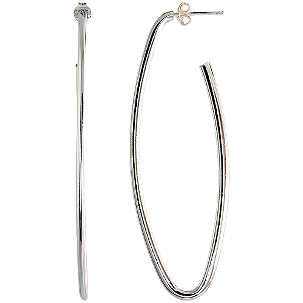 Sterling Silver 3 inch Long Oval Post Hoop Earrings for Women 3mm Oval Tubing 76mm tall