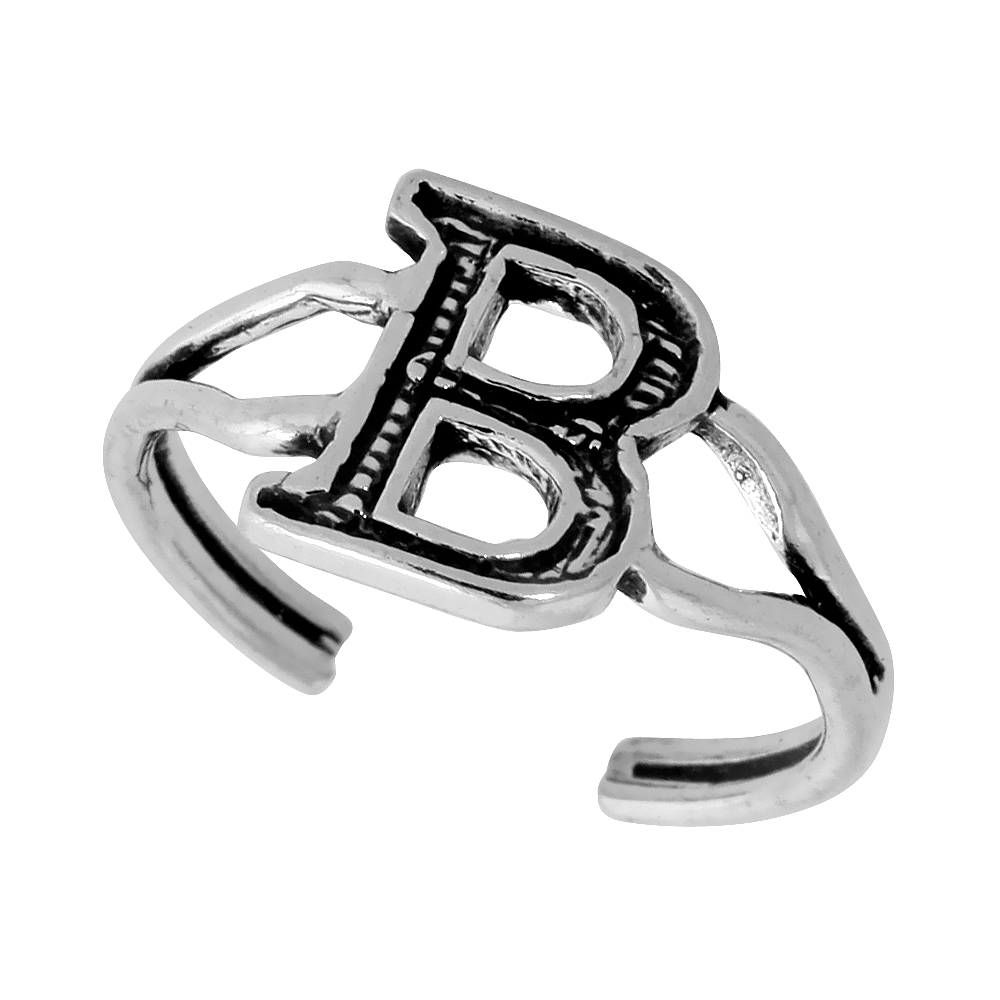 Sterling Silver Alphabet Letter B Initial Toe Ring Midi Ring Knuckle Ring for Women and Girls Adjustable Open Bottom 3/8 inch wide