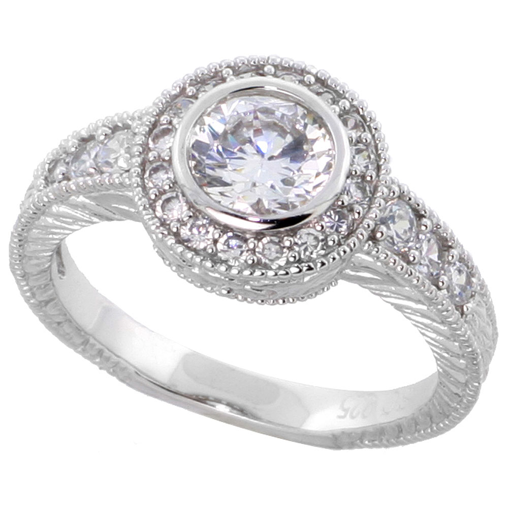 Sterling Silver Vintage Style Cubic Zirconia Halo Engagement Ring Round 1 ct Center, sizes 6-9