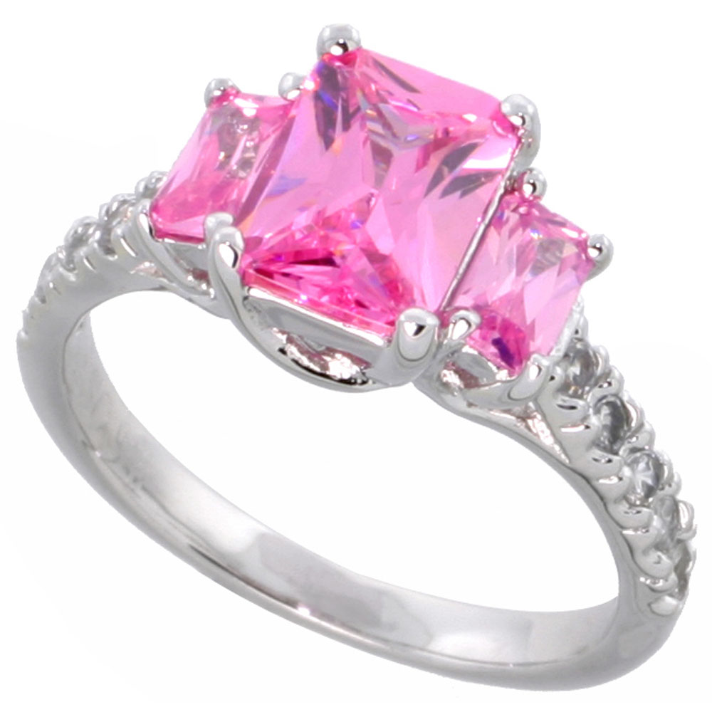 Sterling Silver Pink Cubic Zirconia Engagement Ring Emerald Cut 1/12 ct center � ct Sides, sizes 6-9