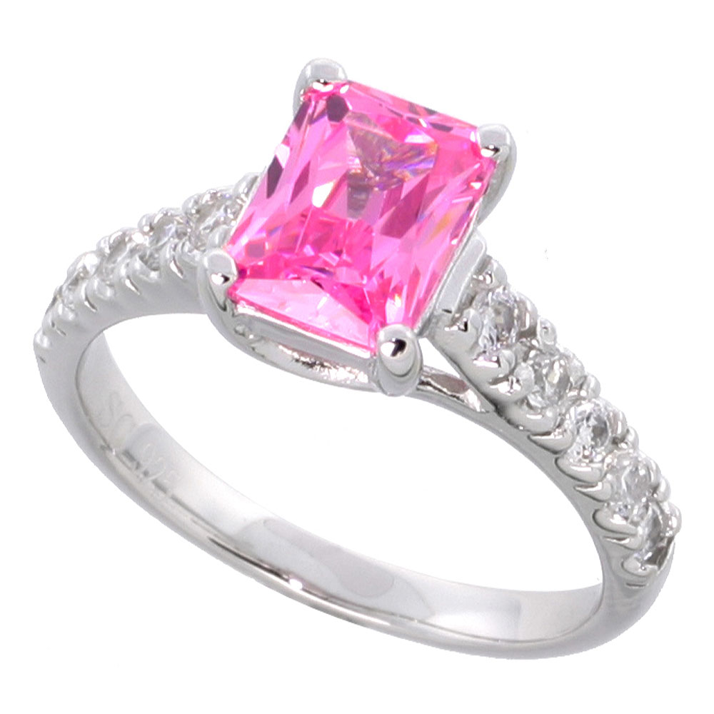 Sterling Silver Vintage Style Pink Cubic Zirconia Engagement Ring Emerald Cut 1 � ct center, sizes 6-9