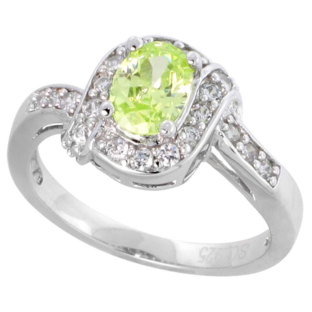 Sterling Silver Vintage Style Peridot Cubic Zirconia Halo Engagement Ring Oval � ct center, sizes 6-9