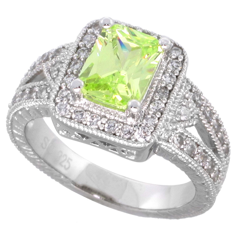 Sterling Silver Peridot Cubic Zirconia Halo Engagement Ring Emerald Cut 1 � ct cntr, sizes 6-9