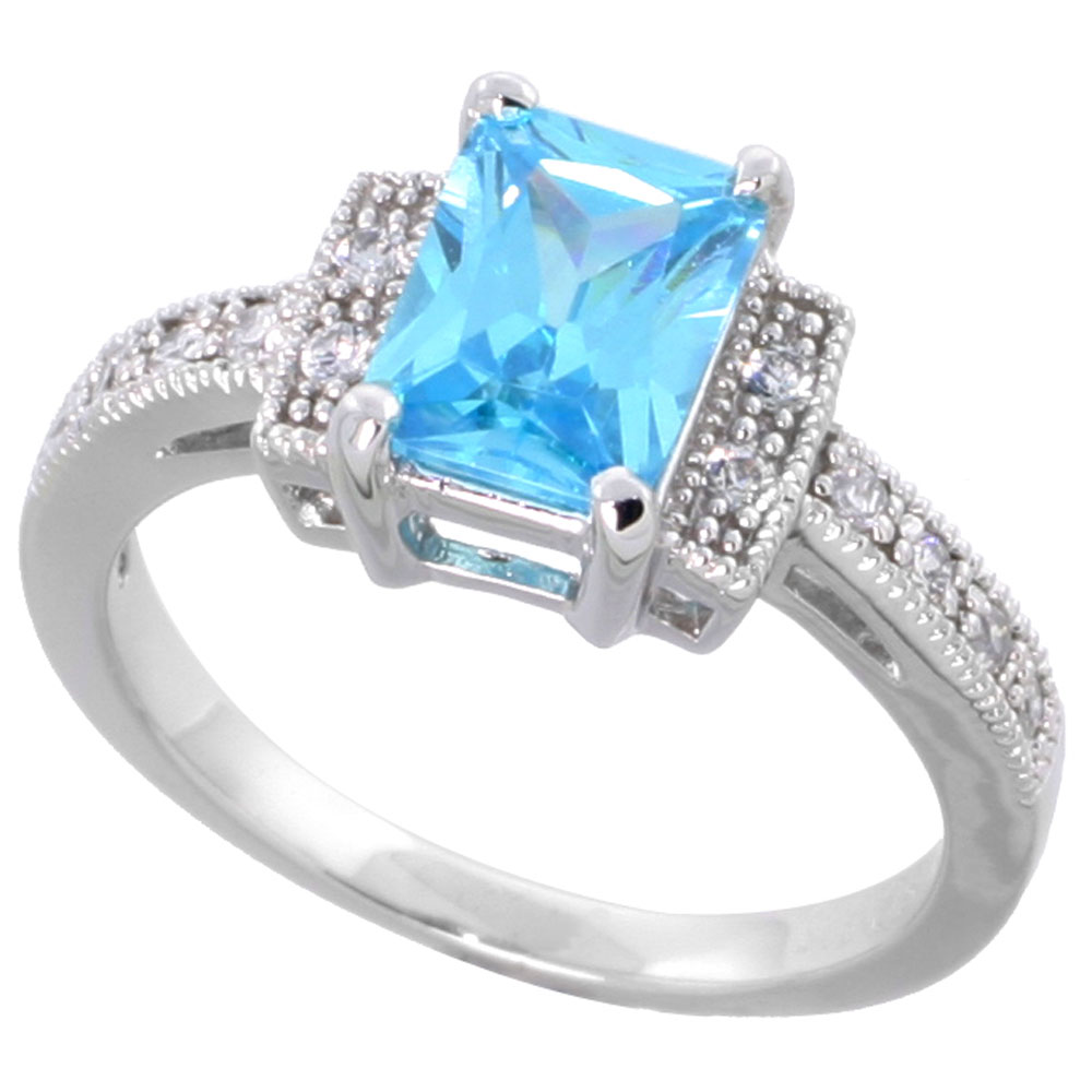 Sterling Silver Blue Topaz Cubic Zirconia Engagement Ring Emerald Cut 1 � ct cntr, sizes 6-9