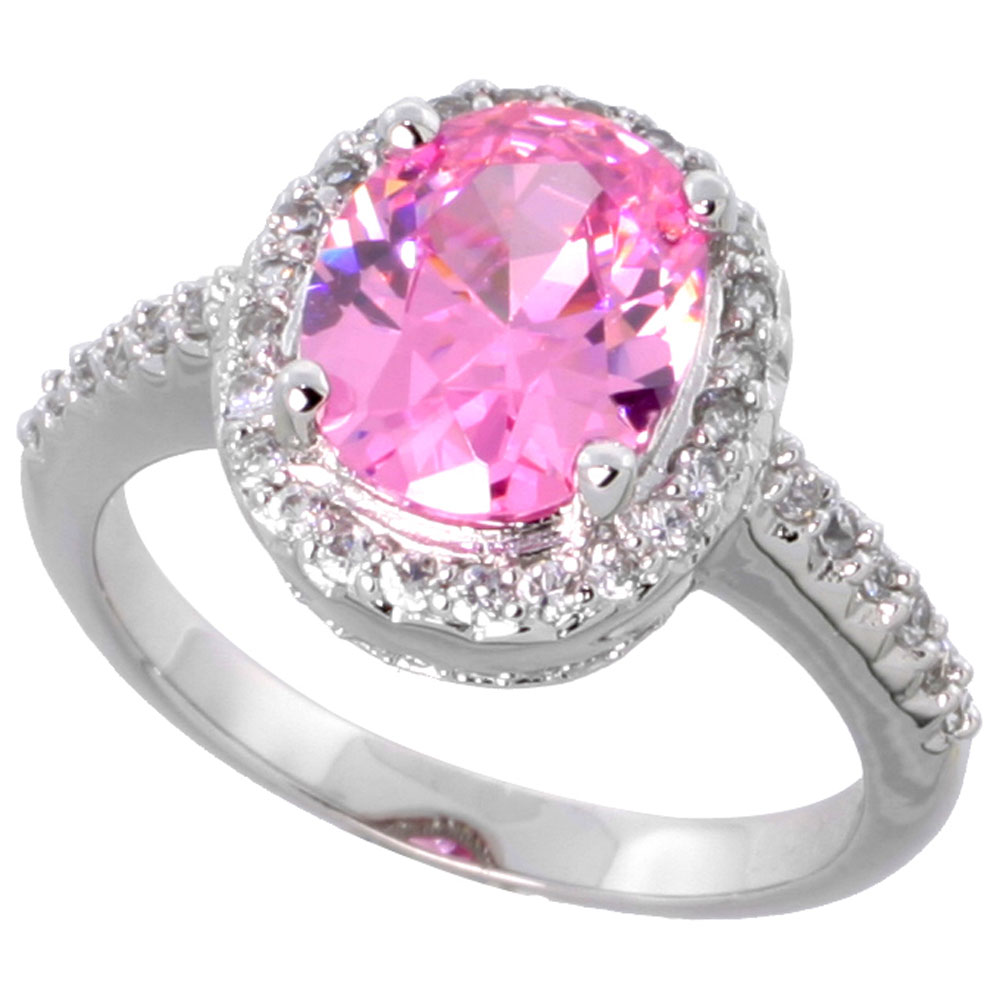 Sterling Silver Vintage Style Pink Cubic Zirconia Halo Engagement Ring Oval 3 ct Center, sizes 6-9