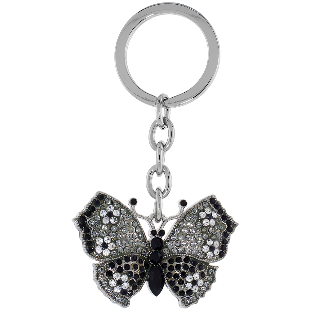 Sabrina Silver Large Butterfly Key Chain Crystal Key Ring for Women Swarovski Elements Clear Black 3 1/2 inches long