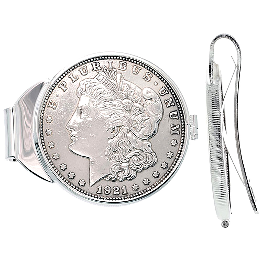 Sterling Silver Dollar Money Clip Spring Back with Morgan Dollar Coin 1878-1921