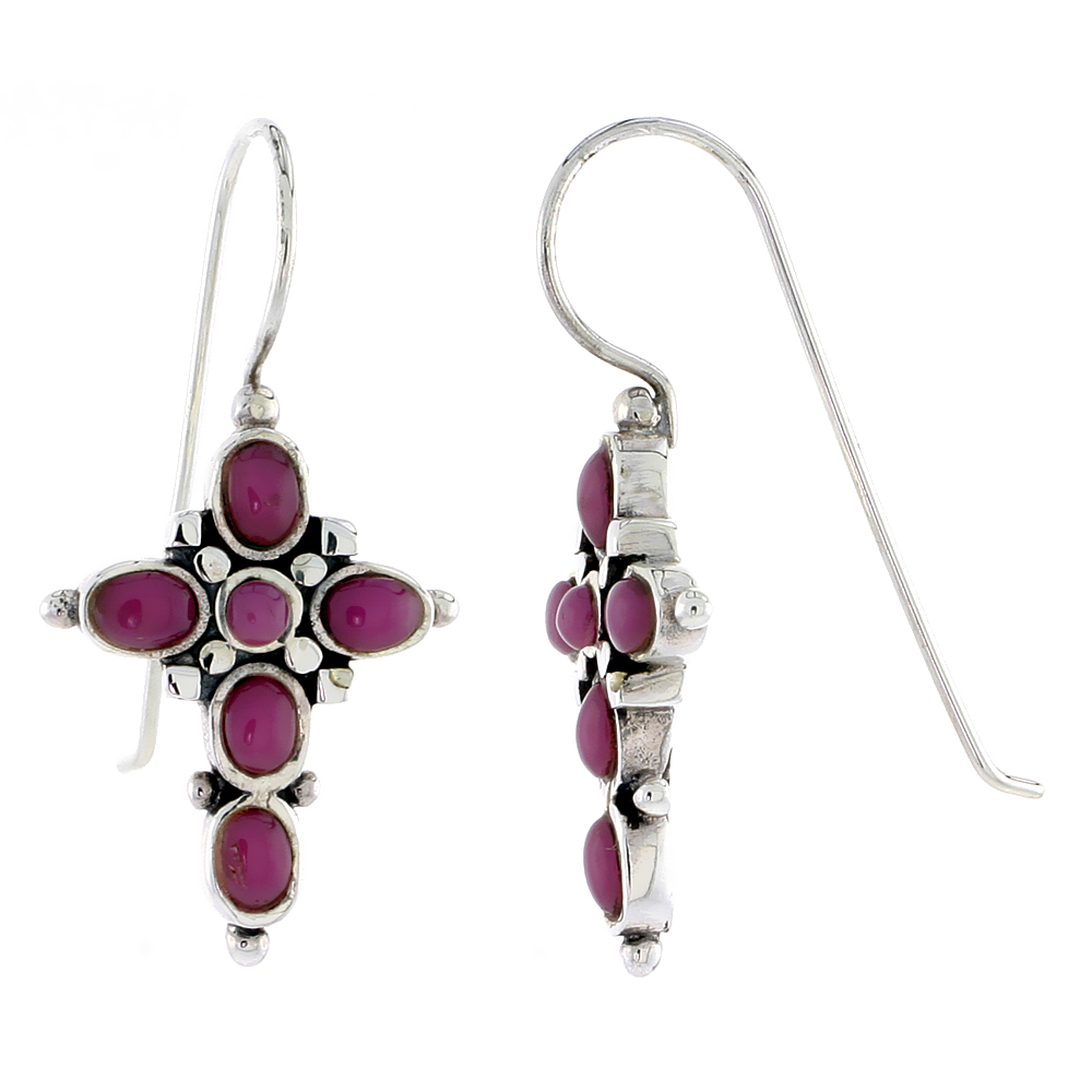 Sterling Silver Oxidized Cross Earrings, w/ 2mm Round &amp; Five 4 x 3 mm Oval-shaped Purple Resin, 7/8&quot; (23 mm) tall