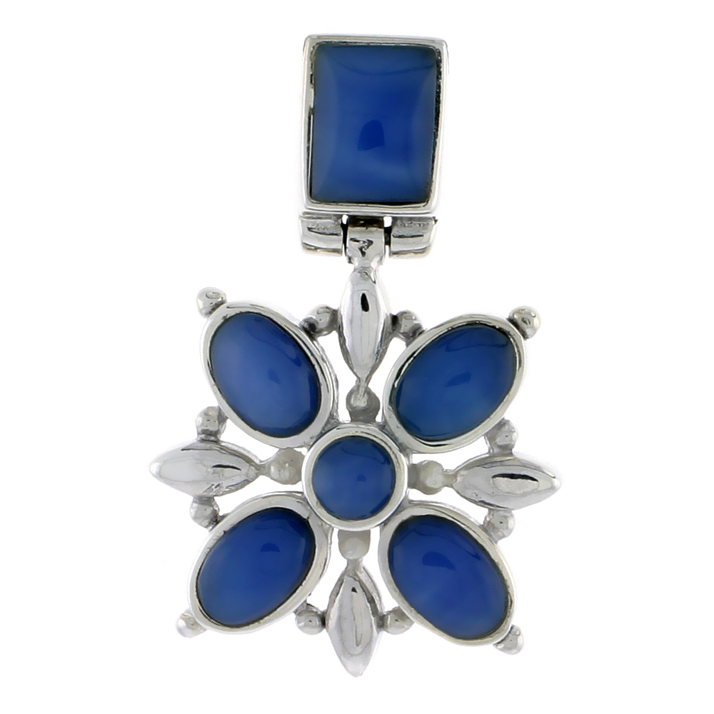 Sterling Silver Flower Pendant, w/ 8 x 6 mm Rectangular, 4mm Round &amp; Four 7 x 5 mm Oval-shaped Blue Resin, 13/16&quot; (21 mm) tall