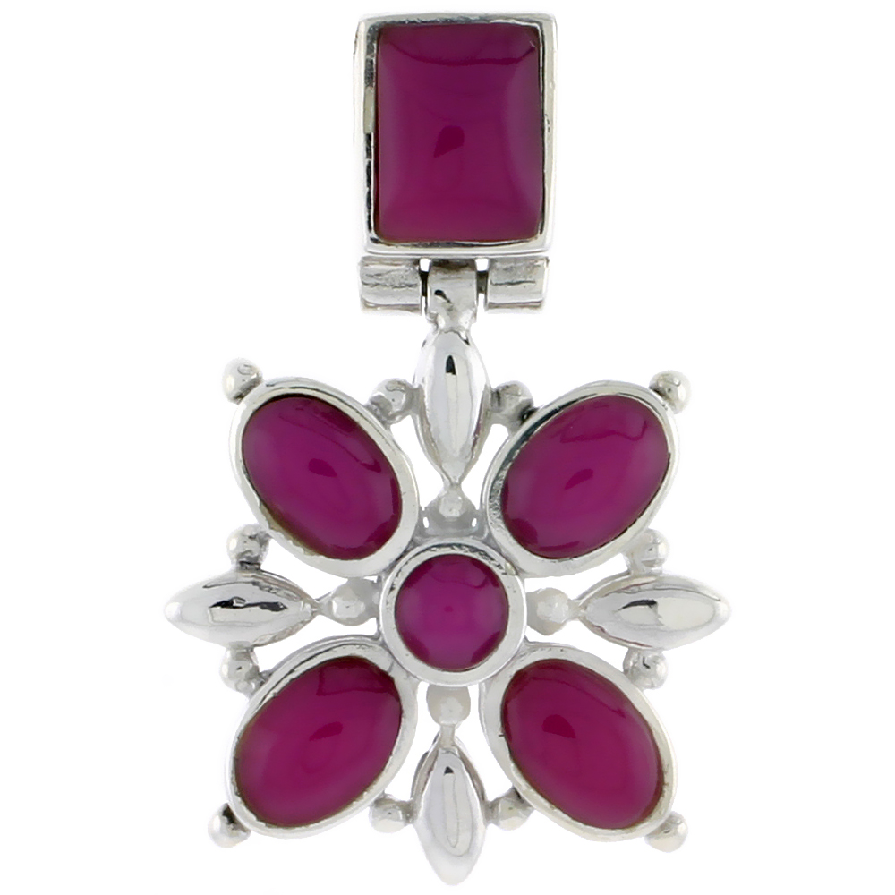 Sterling Silver Flower Pendant, w/ 8 x 6 mm Rectangular, 4mm Round &amp; Four 7 x 5 mm Oval-shaped Purple Resin, 13/16&quot; (21 mm) tall