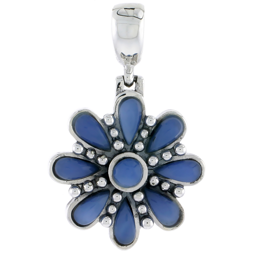 Sterling Silver Oxidized Flower Pendant, w/ 4mm Round & Eight 6 x 3 mm Pear-shaped Blue Resin, 7/8" (22 mm) tall