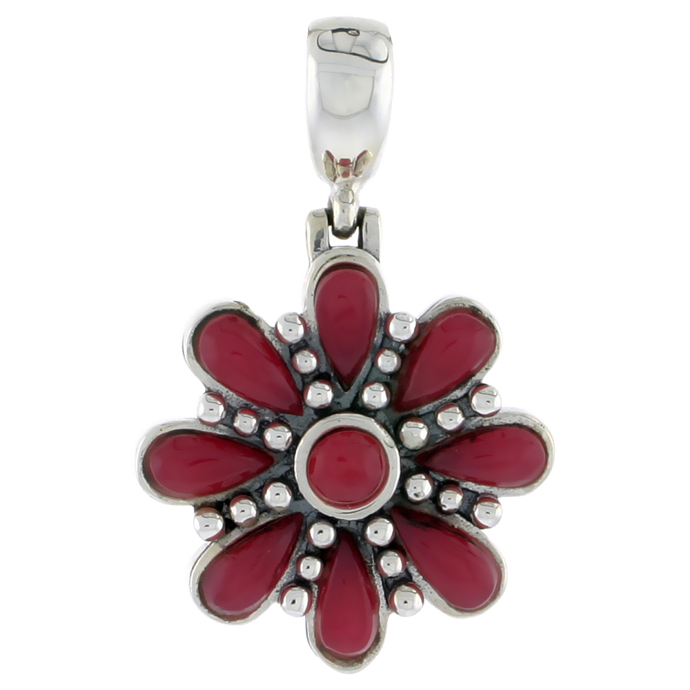 Sterling Silver Oxidized Flower Pendant, w/ 4mm Round &amp; Eight 6 x 3 mm Pear-shaped Red Resin, 7/8&quot; (22 mm) tall