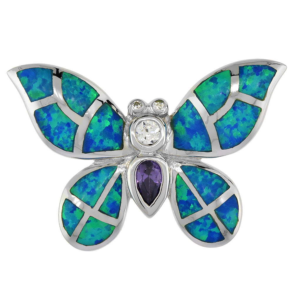 Sterling Silver Synthetic Opal Butterfly Pendant for Women Hand Inlay &amp; CZ stones 1 1/8 inch wide