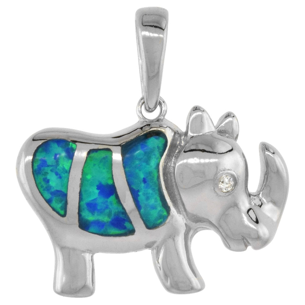 Sterling Silver Synthetic Opal Rhino Pendant for Women CZ Accent Hand Inlay 3/4 inch wide