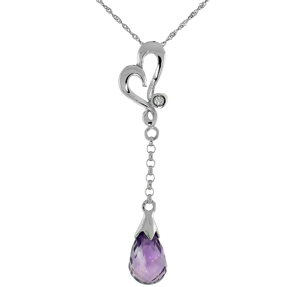 10k White Gold Heart Cut Out &amp; Amethyst Pendant, w/ 0.01 Carat Brilliant Cut Diamond, 1 3/8 in. (35mm) tall, w/ 18&quot; Sterling Silver Singapore Chain