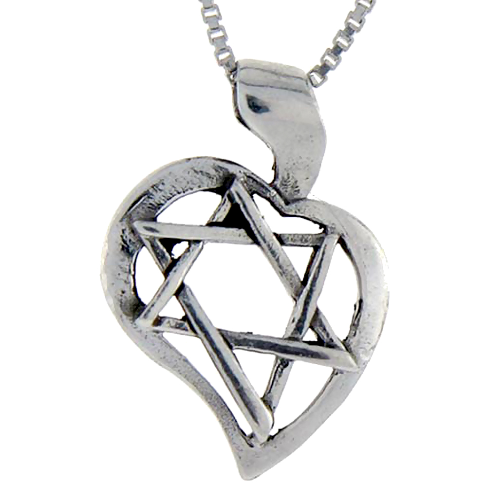 Sterling Silver Star of David in Heart Pendant, 1 1/8 inch tall