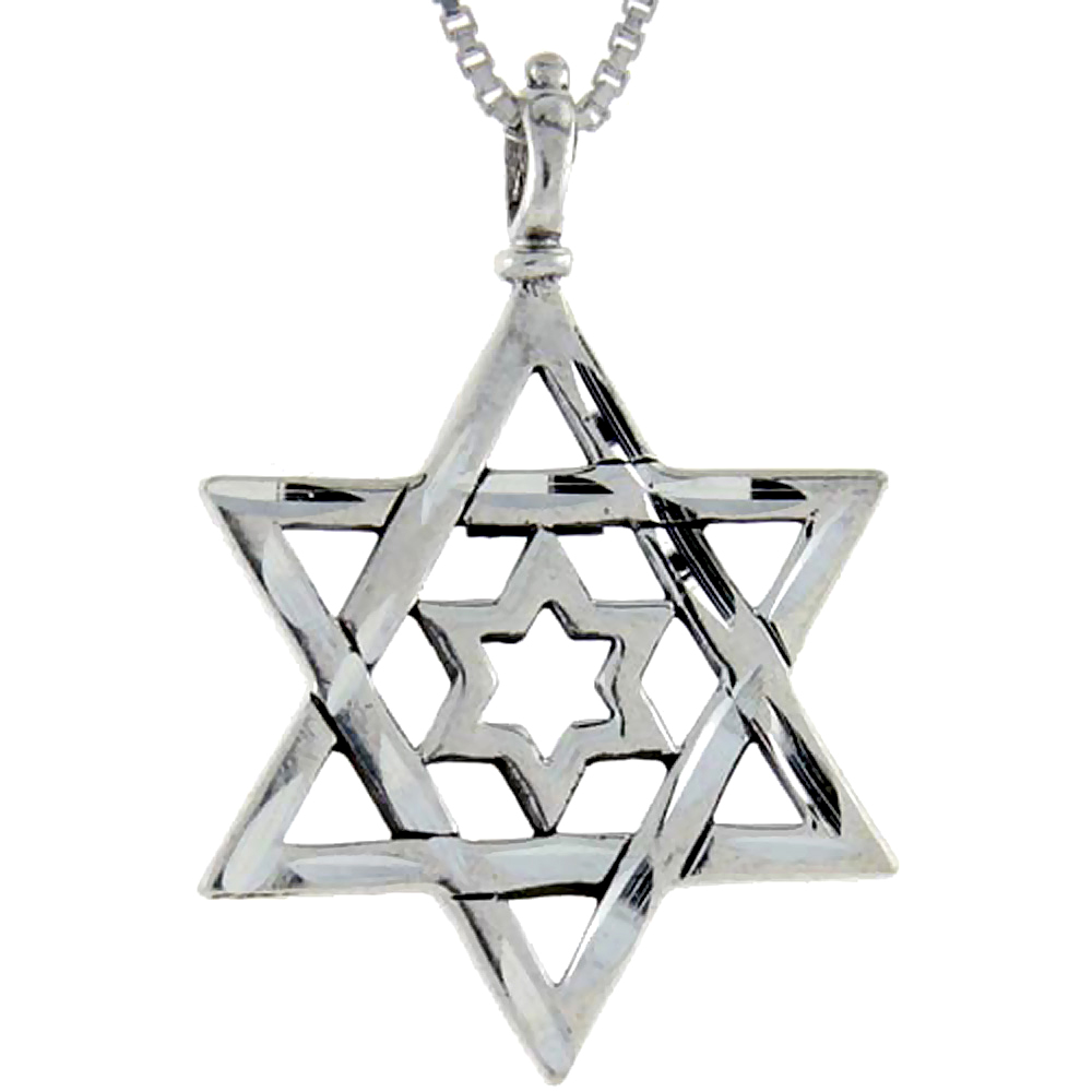 Sterling Silver Star of David Pendant, 1 1/4 inch tall