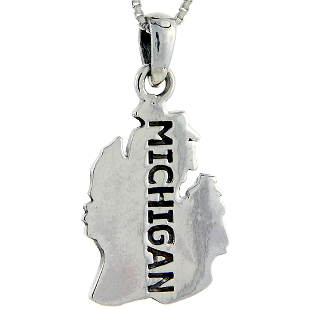 Sterling Silver Michigan State Map Pendant, 1 1/4 inch tall