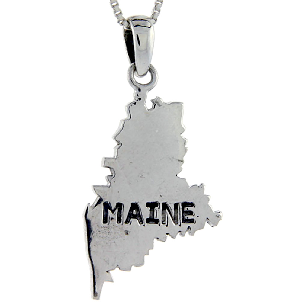 Sterling Silver Maine State Map Pendant, 1 1/2 inch tall