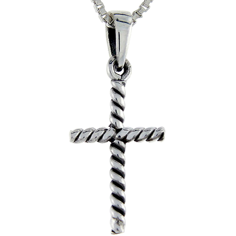 Sterling Silver Rope Cross Pendant, 1 1/16 inch tall