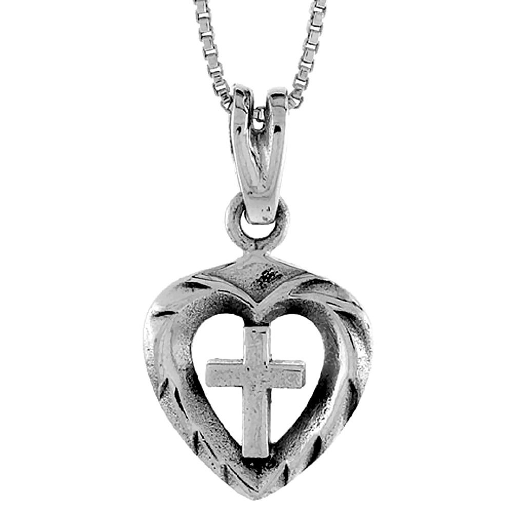 Sterling Silver Cross in Heart Pendant, 5/8 inch