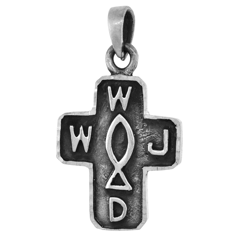 1 inch Sterling Silver What Would Jesus Do Necklace WWJD Cross for Men and women Diamond-Cut Oxidized finish available with or w