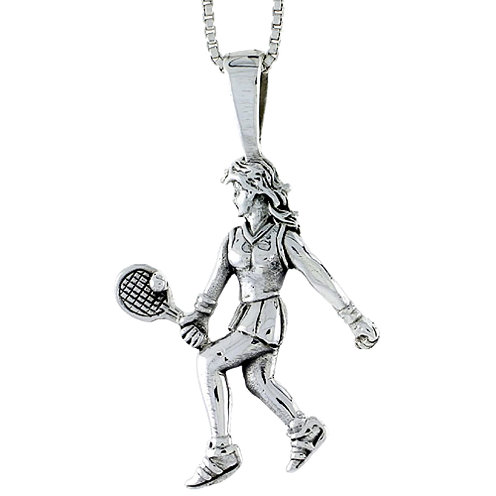 Sterling Silver Woman Tennis Player Pendant, 1 1/8 tall