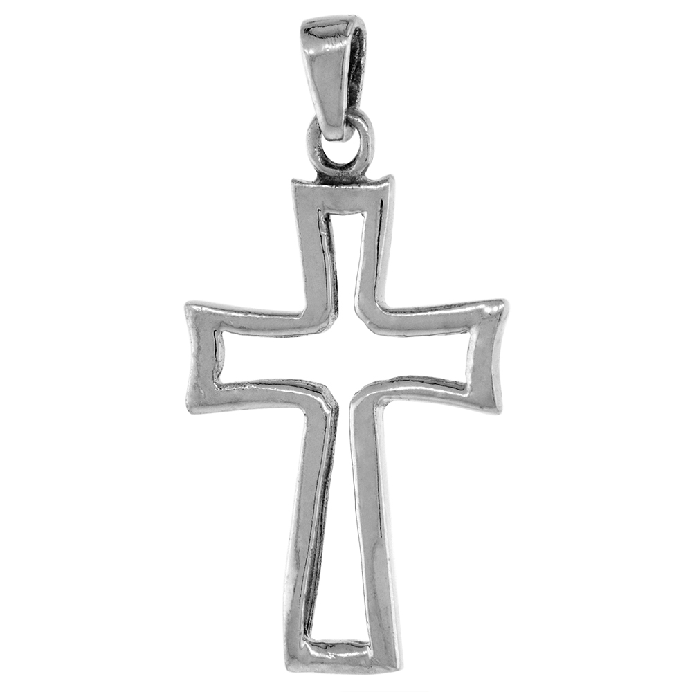 1.1 inch Sterling Silver Open Cross Necklace Outline for Men and women Diamond-Cut Oxidized finish available with or without cha