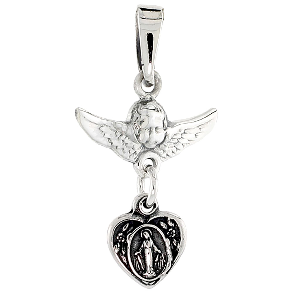 Sterling Silver Cherub Angel & Blessed Mother Charm, 3/4 inch tall