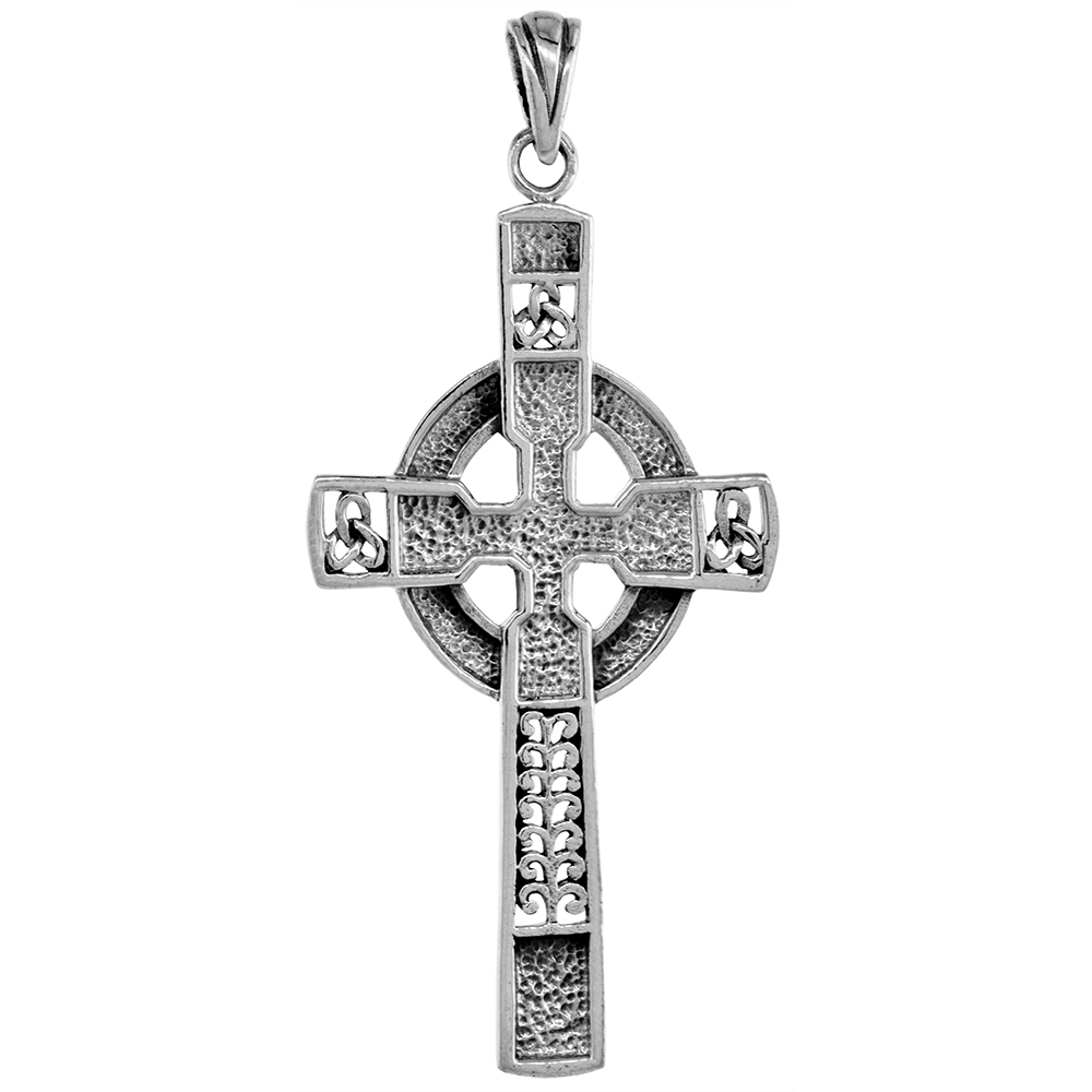 Large 2 1/4 inch Sterling Silver Celtic Cross Necklace High Cross for Men Diamond-Cut Oxidized finish available with or without 