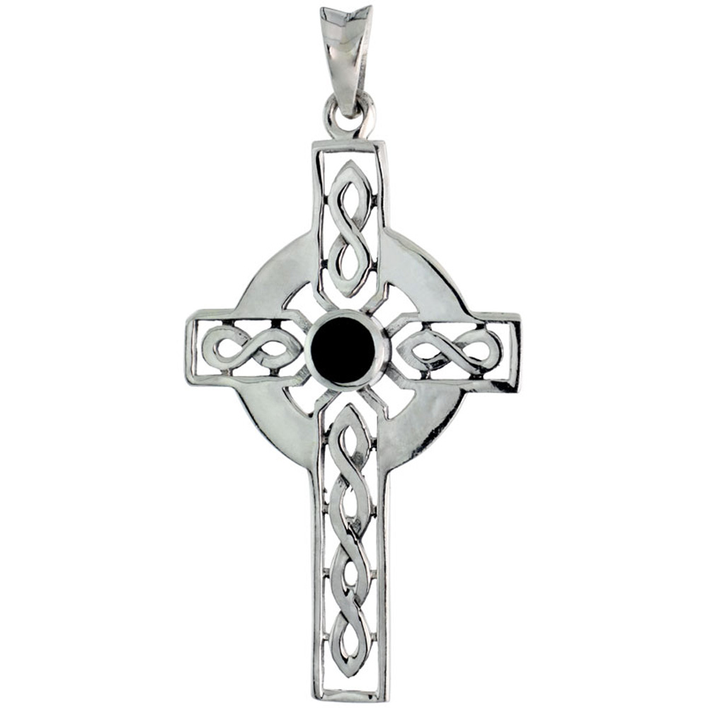 Sterling Silver Celtic Cross w/ Jet Stone Charm, 1 3/4 inch