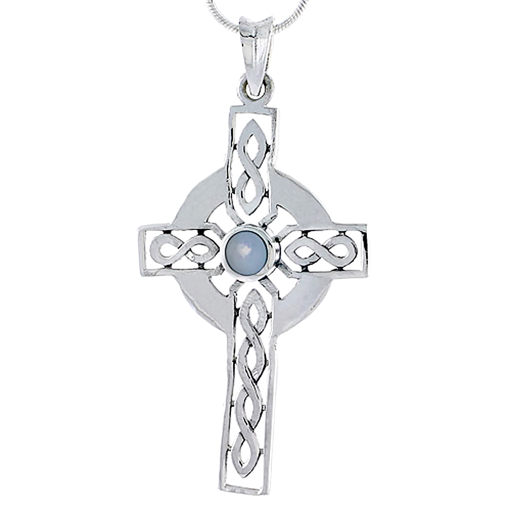 Sterling Silver Celtic Cross w/ Mother of Pearl Charm, 1 3/4 inch