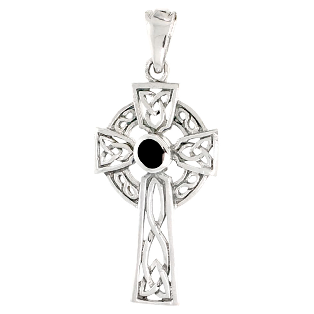 Sterling Silver Celtic Cross w/ Jet Stone Charm, 1 1/2 inch