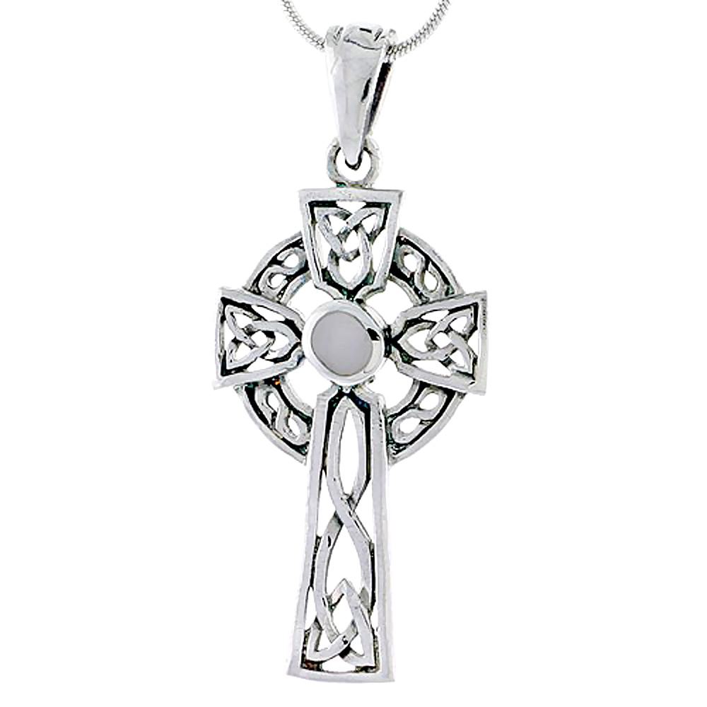 Sterling Silver Celtic Cross w/ Mother of Pearl Charm, 1 3/4 inch