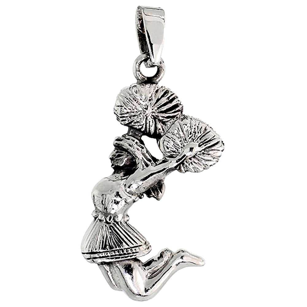 Sterling Silver Cheerleader w/ Pom-poms Charm, 1 1/8 inch tall