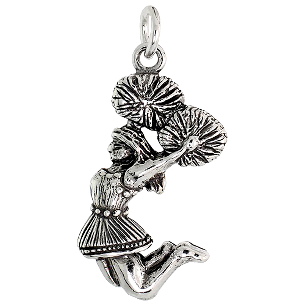 Sterling Silver Cheerleader w/ Pom-poms Charm, 1 1/8 inch tall