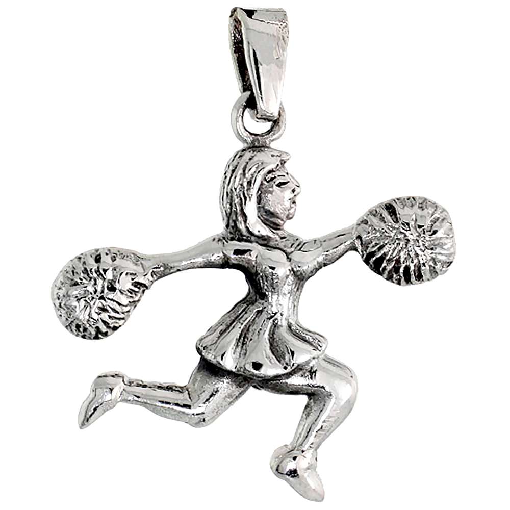 Sterling Silver Cheerleader w/ Pom-poms Charm, 1 inch tall