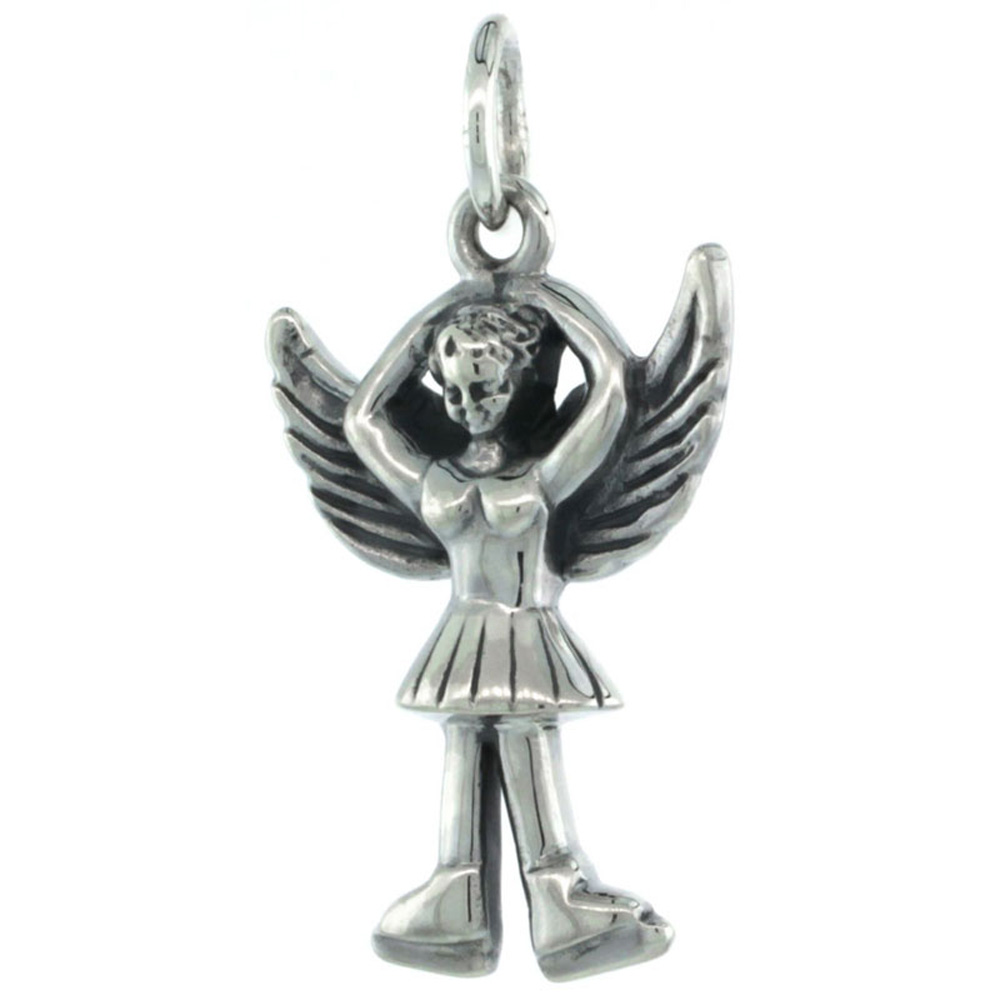 Sterling Silver Guardian Angel Ballet Dancer Pendant Antique Finish, 7/8 inch