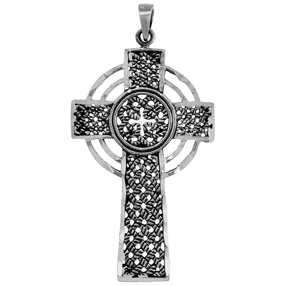 Large 1 7/8 inch Sterling Silver Saint Columba Celtic Cross Necklace for Men Diamond-Cut Oxidized finish available with or witho