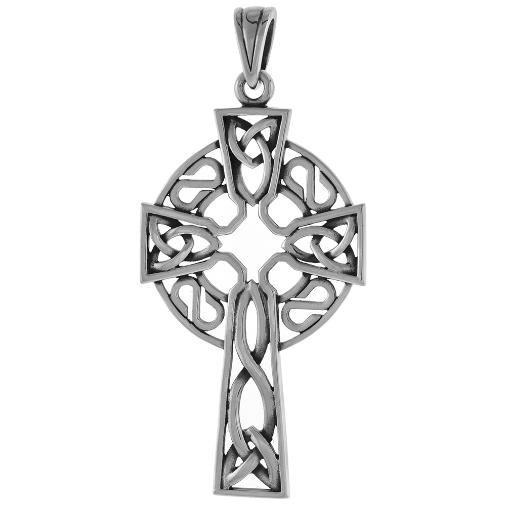 Large 2 inch Sterling Silver Celtic Cross Necklace Triquetra High Cross for Men Diamond-Cut Oxidized finish available with or wi